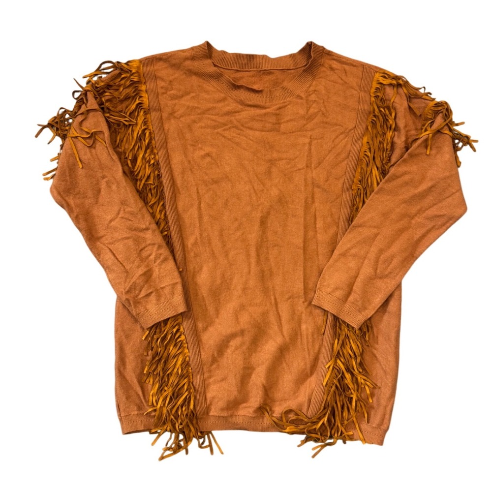 Women's Orange Fringe Sweater Long Sleeve Crew Neck Casual Knit Top